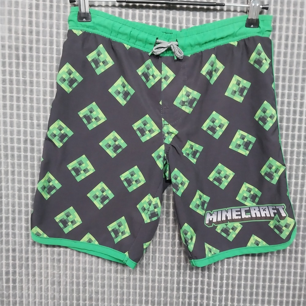 Minecraft Kids Swim Trunks Creeper Print Board Shorts 6/7 Gray Green